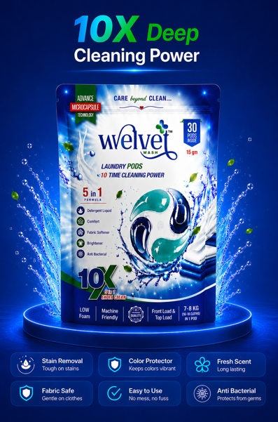 Welvet Wash 5-in-1 laundry detergent pods packet - best laundry pods in Ahmedabad